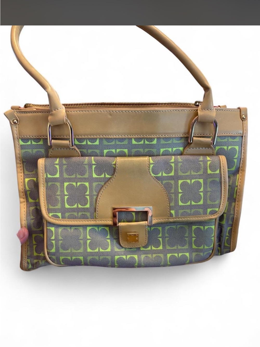 Liz Claiborne Green Patterned Shoulder Bag with Tan Trim